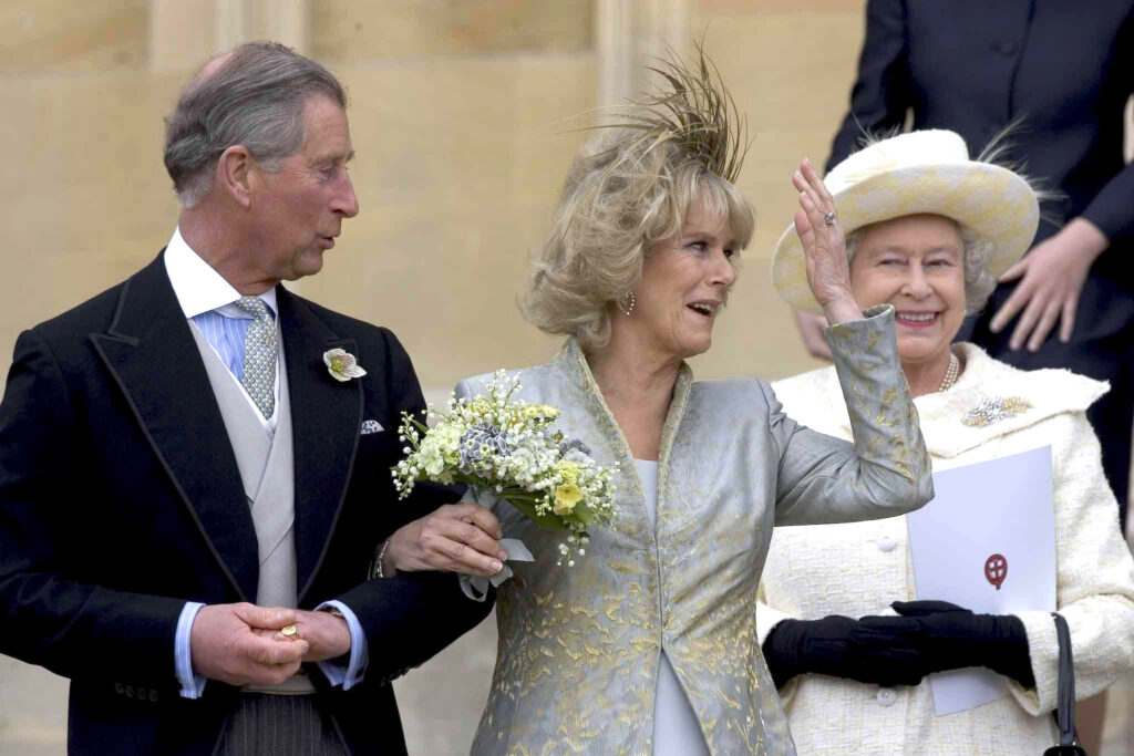 King Charles, Queen Camilla and Queen Elizabeth on Charles and Camilla's wedding day
