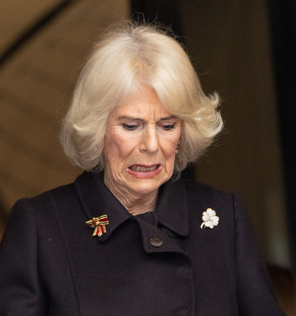 Queen Camilla looking down and grimacing
