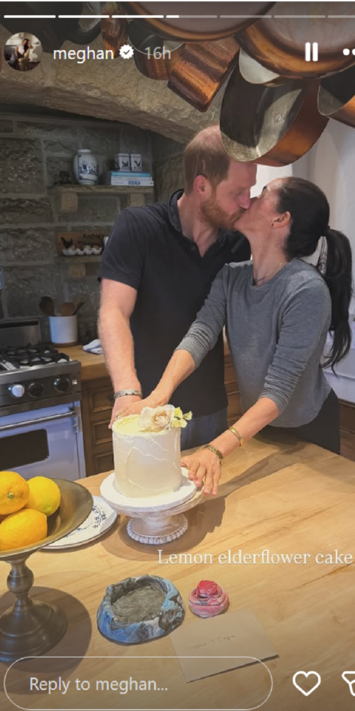 Prince Harry and Meghan Markle kissing in front of cake