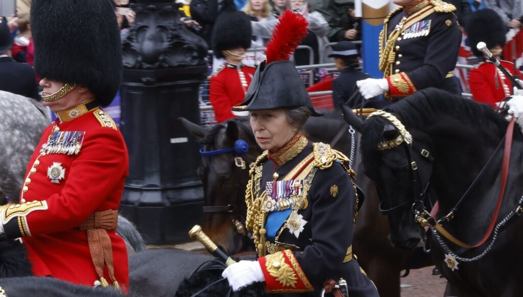 Princess Anne riding a horse during King Charles' coronation