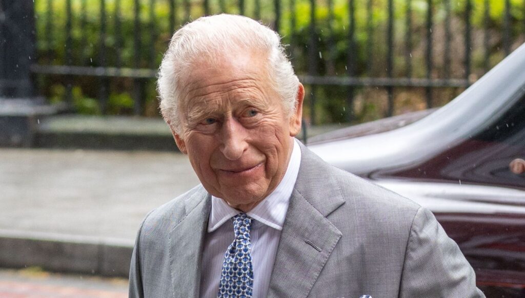 King Charles in grey suit, smiling