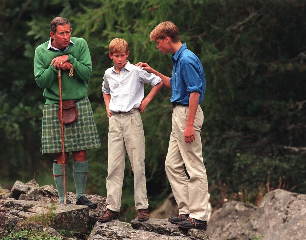 Young Prince Harry and Prince William with Charles in Scotland